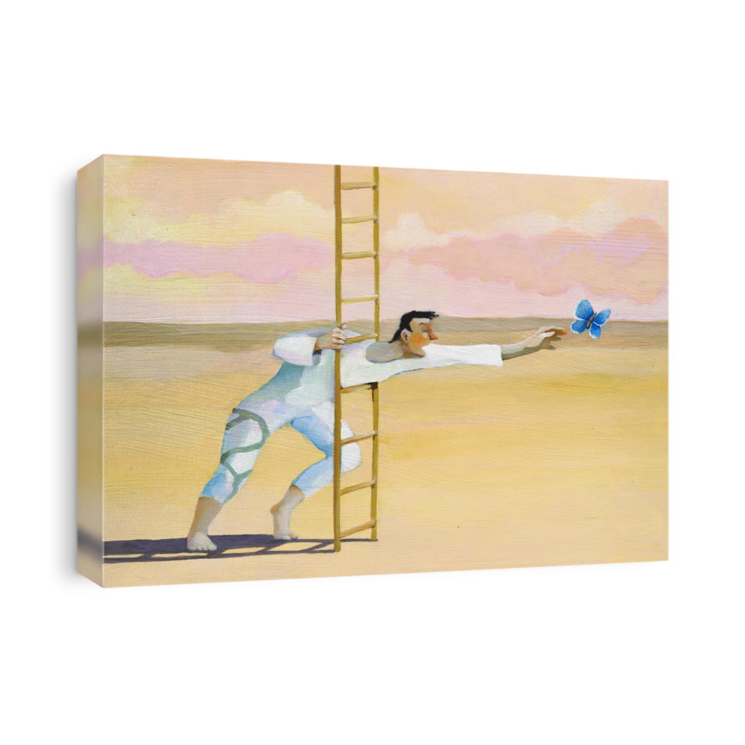a man in the desert trying to grab a butterfly trapped in a scale which is hold by himself