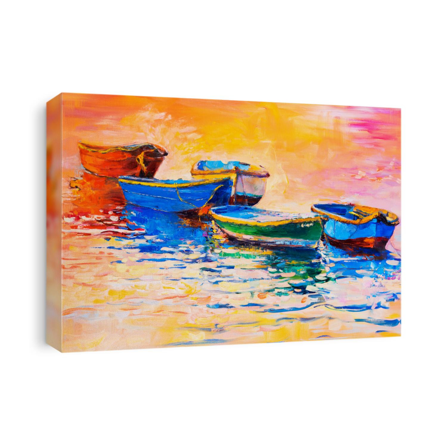 Original oil painting on canvas. Boats and sunset. Modern impressionism