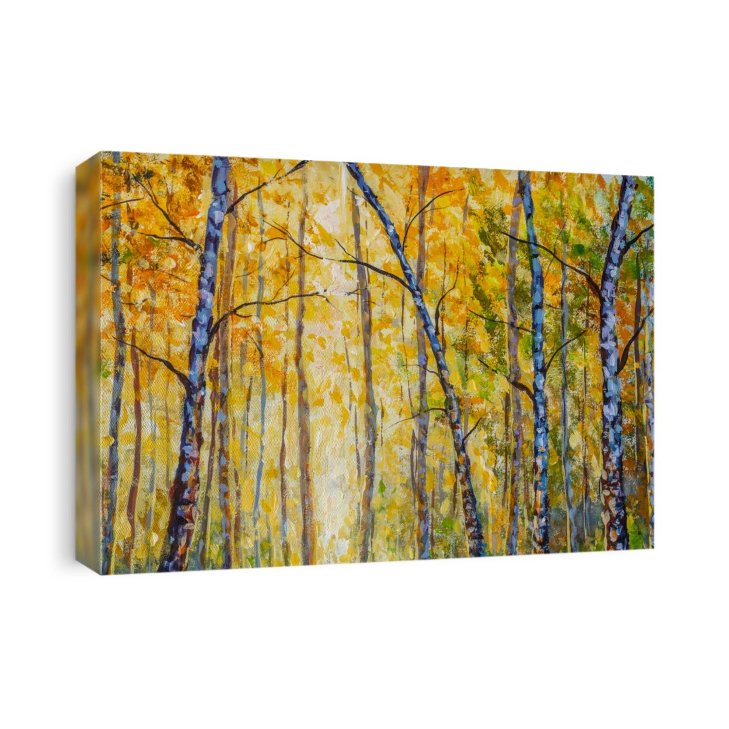 Hand made painting Birch autumn forest with bright sunlight on ground covered with lush foliage. Beautiful autumn park modern artwork.