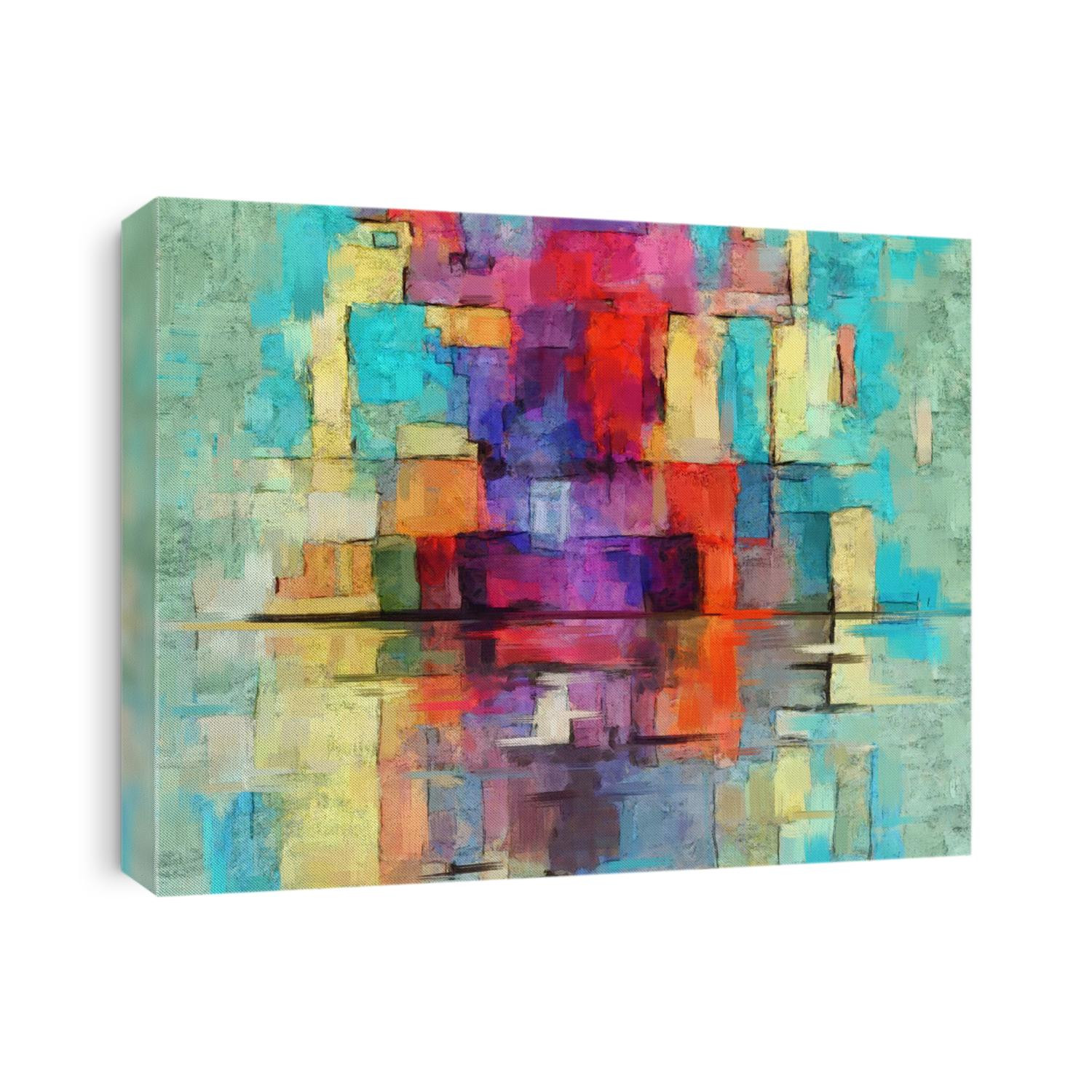 Colorful abstract oil painting. Vibrant rectangles, artwork in contemporary style. Textured brush strokes, modern art on teal background with red, orange and other accents