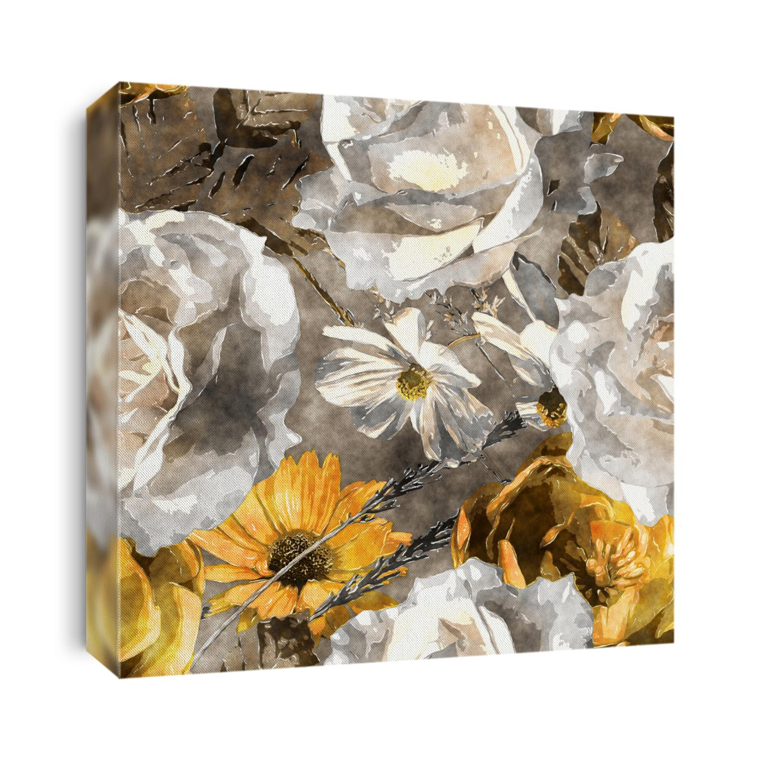 art vintage monochrome watercolor floral seamless pattern with white and gold yellow roses and asters on grey background