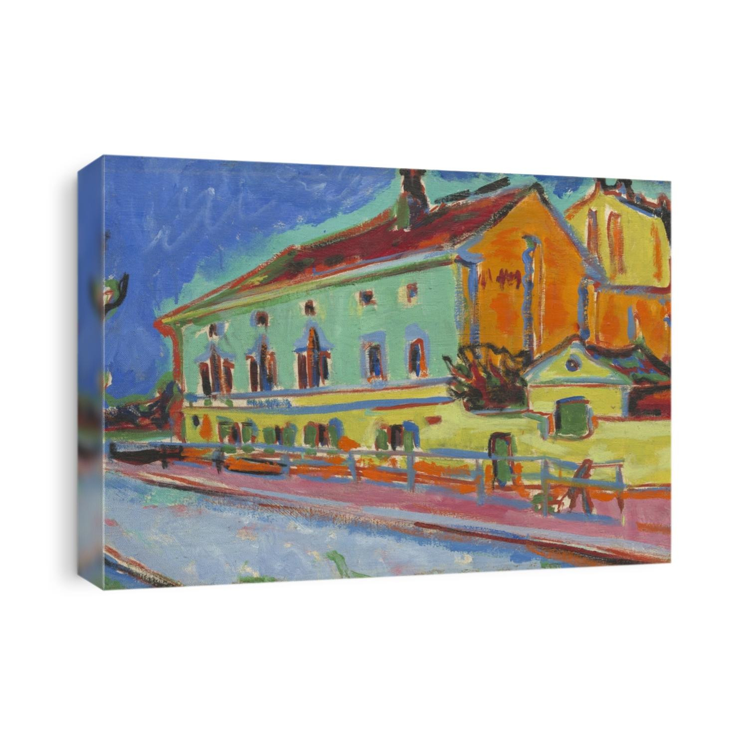 Ernst Ludwig Kirchner, by Houses in Dresden, 1909-10, German painting, oil on canvas. This work was painted while Kirchner's style was a fusion of Fauvism, Art Nouveau, and Die Brucke group German Ex
