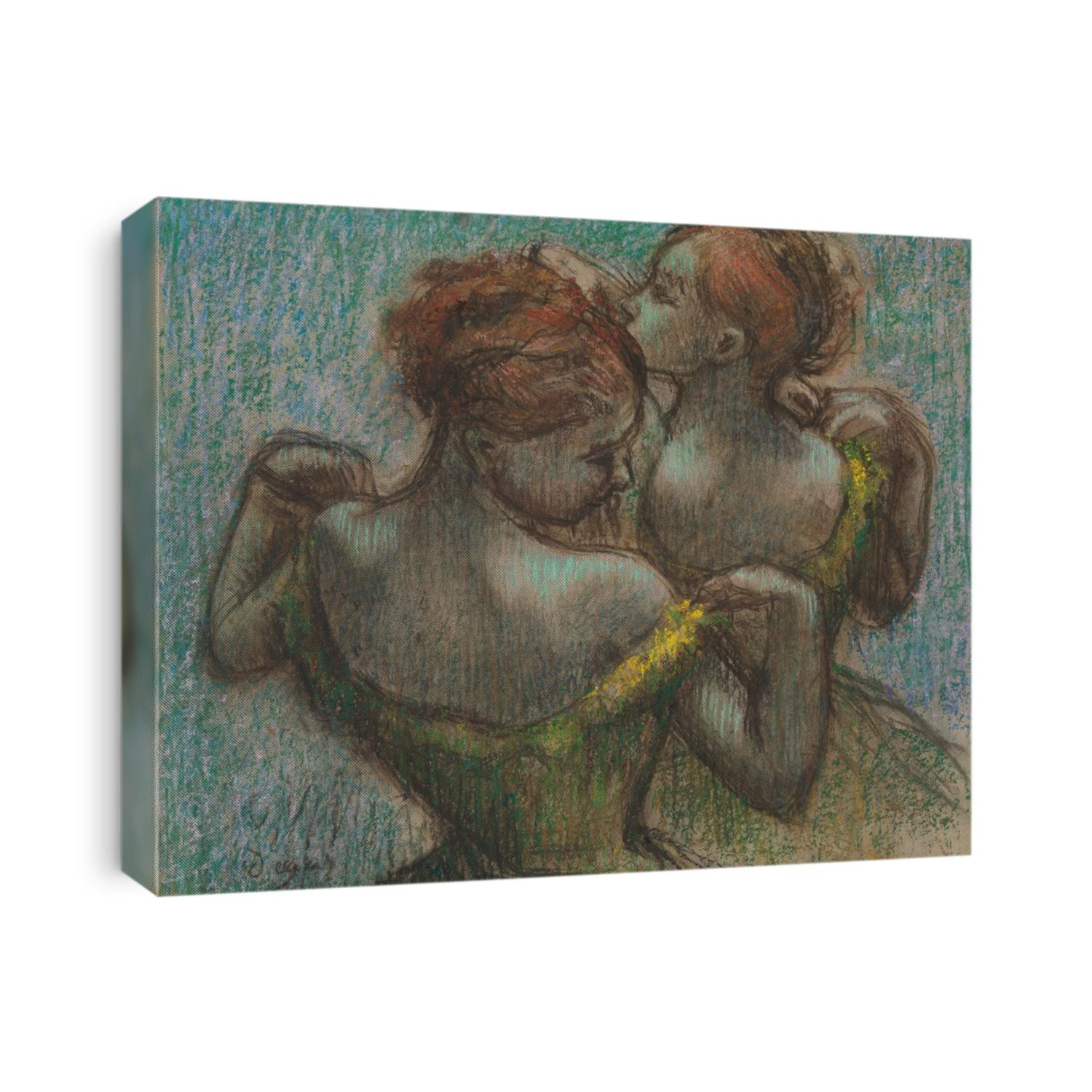 Two Dancers, by Edgar Degas, 1870-95, French impressionist drawing, pastel on paper. Two dancers depicted as they adjust their costume straps