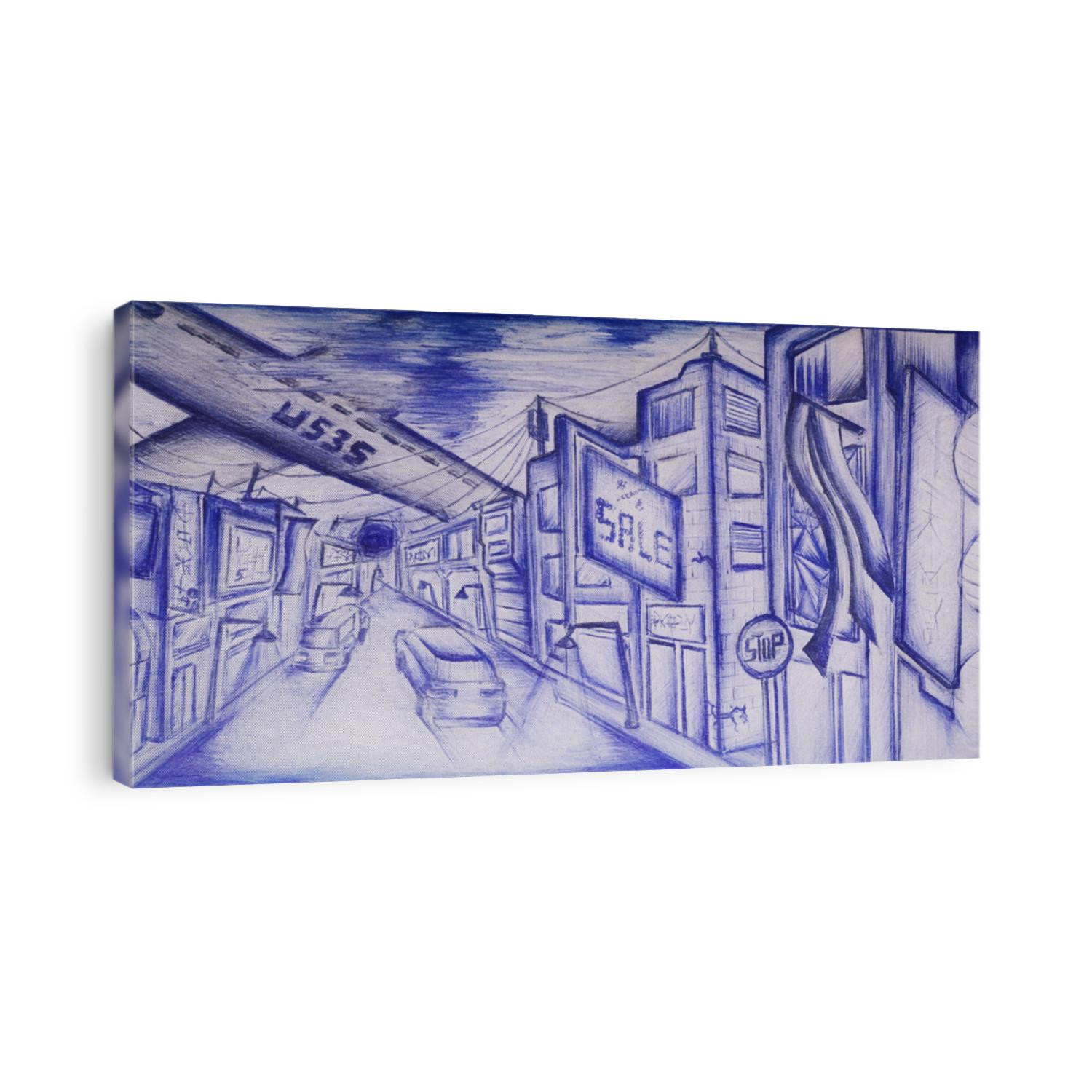 Retro school drawing of cyberpunk japanese street on vintage card hd