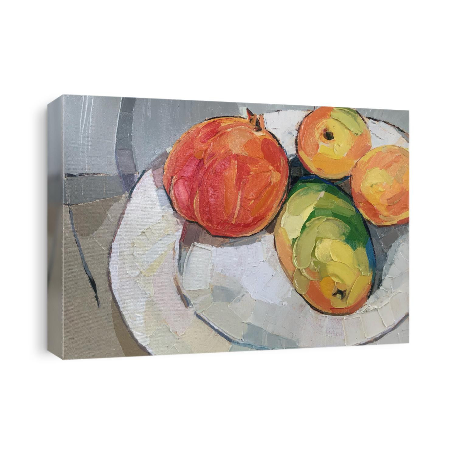 Fruits on table, still life painting, knife palette, oil acrylic on canvas, expressionism.