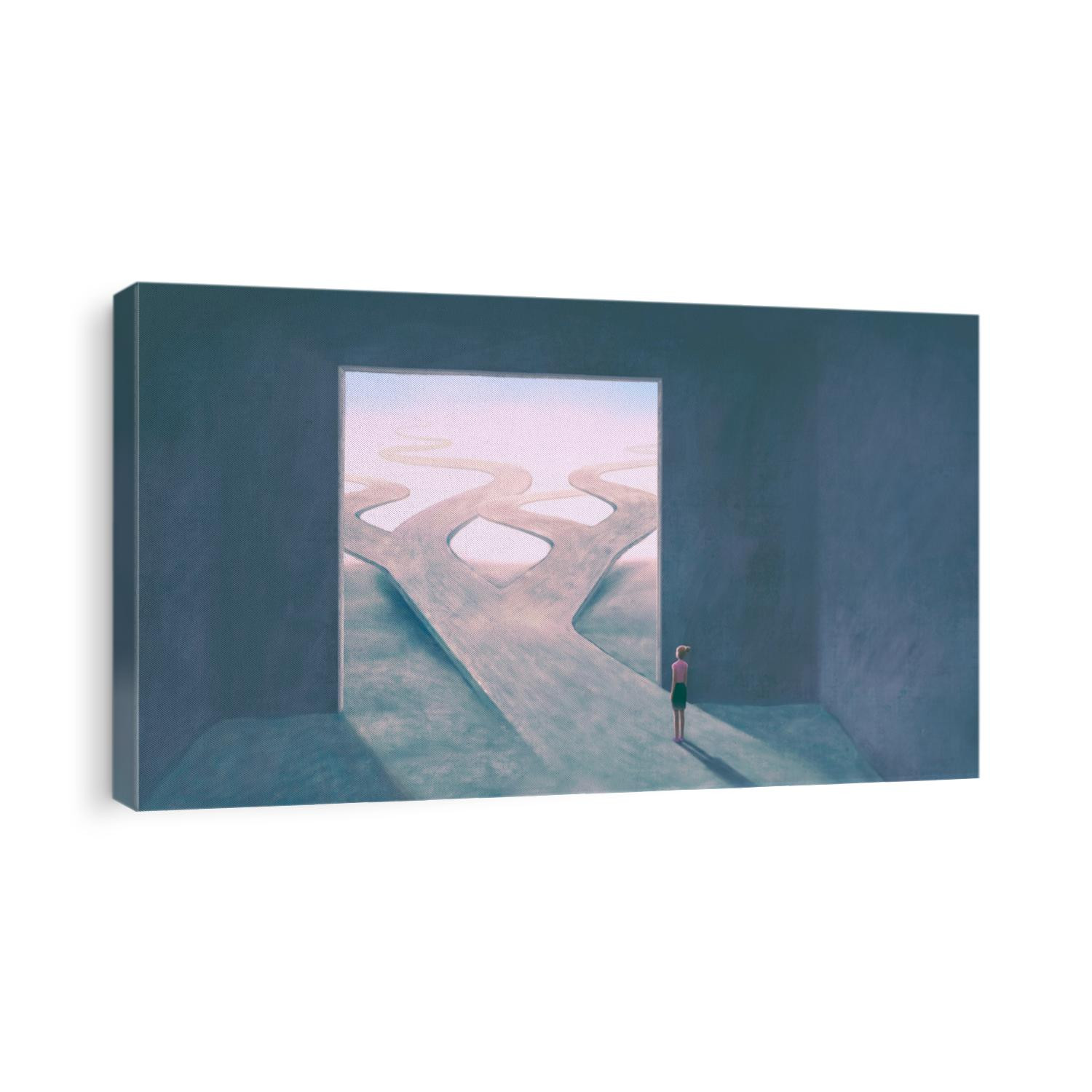 Concept art of  choice success hope dream way business and ambition , surreal landscape painting,  woman with floating road , imagination artwork, conceptual illustration, mystery scenery