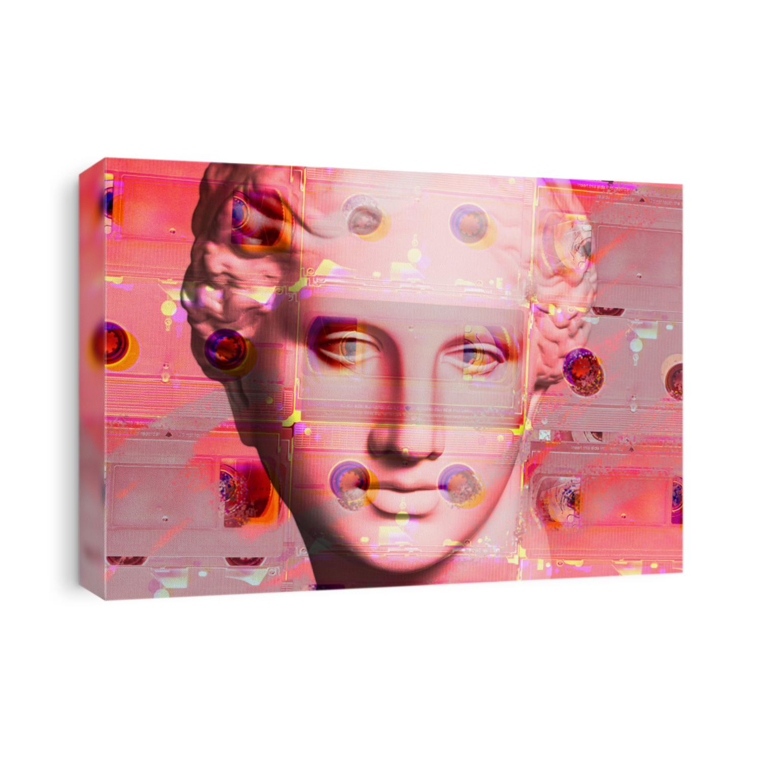 Modern conceptual art poster with face ancient statue and vhs cassete. Collage of contemporary art.