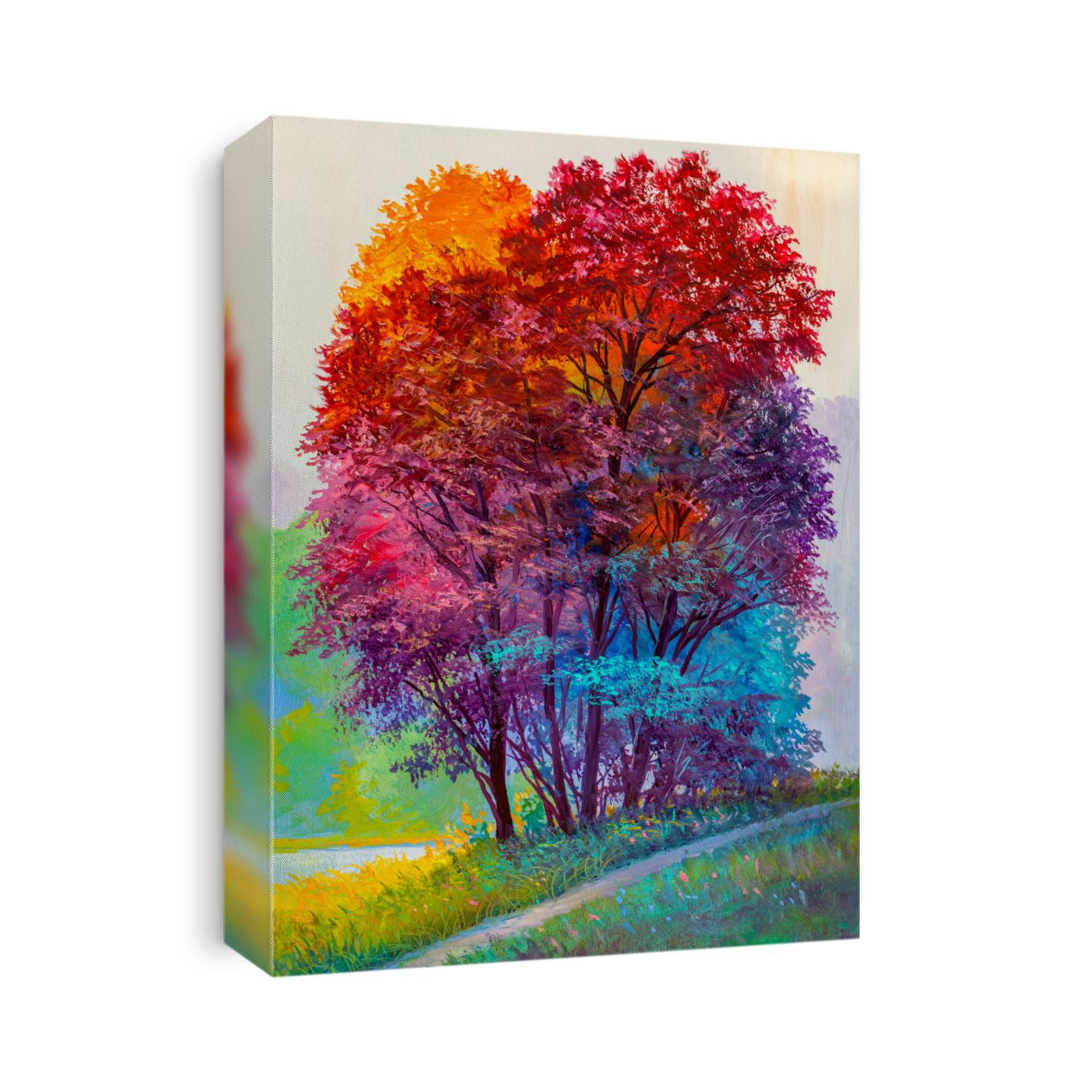 Oil painting landscape - colorful autumn forest, beautiful river