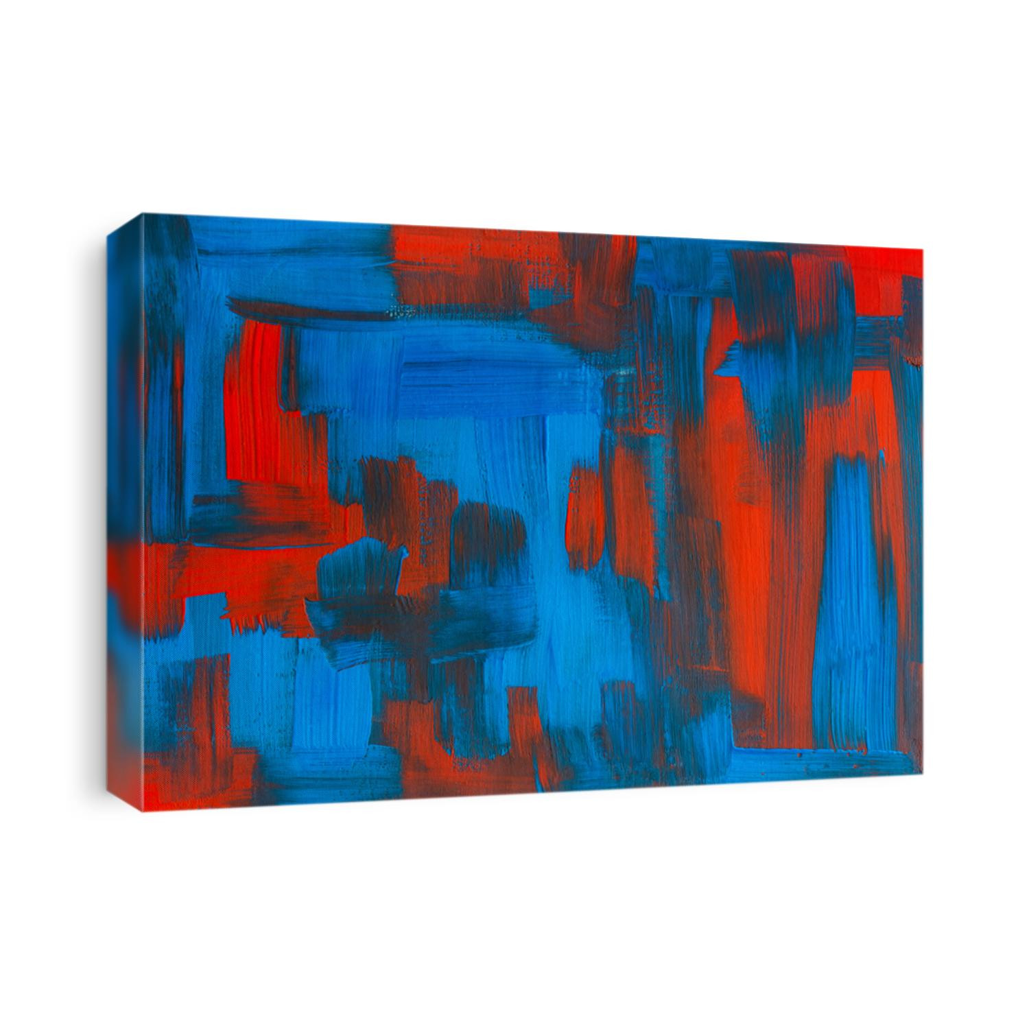 Abstract red and blue scenic background. Colorful bright artwork. Close-up of a fragment of acrylic painting on canvas with brush strokes. Contemporary art. Handmade work. Original design.