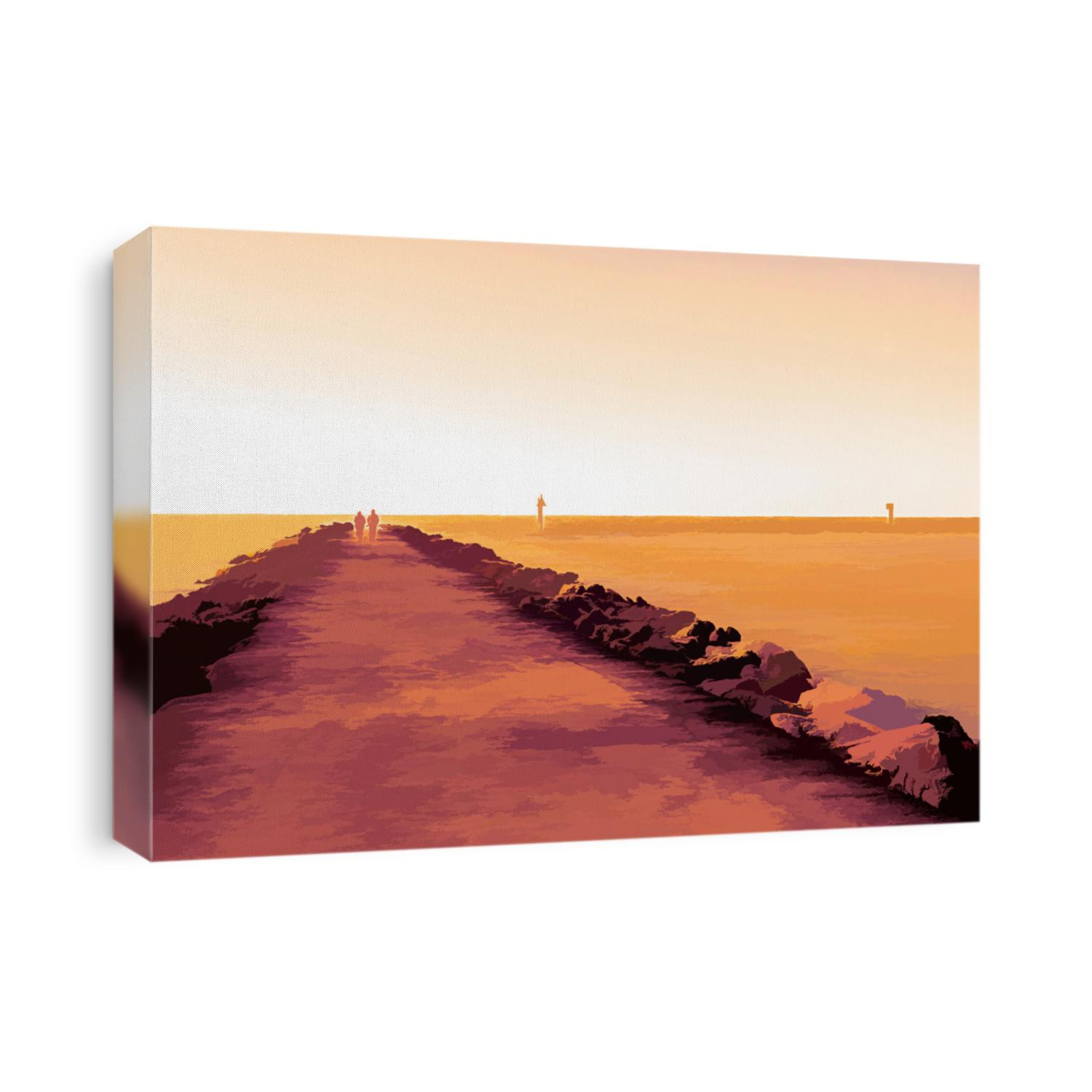 Abstract coastal perspective: Senior couple walking back from the end of a concrete pier lined with breaker boulders near two navigational markers, with digital painting effect. 3D rendering.