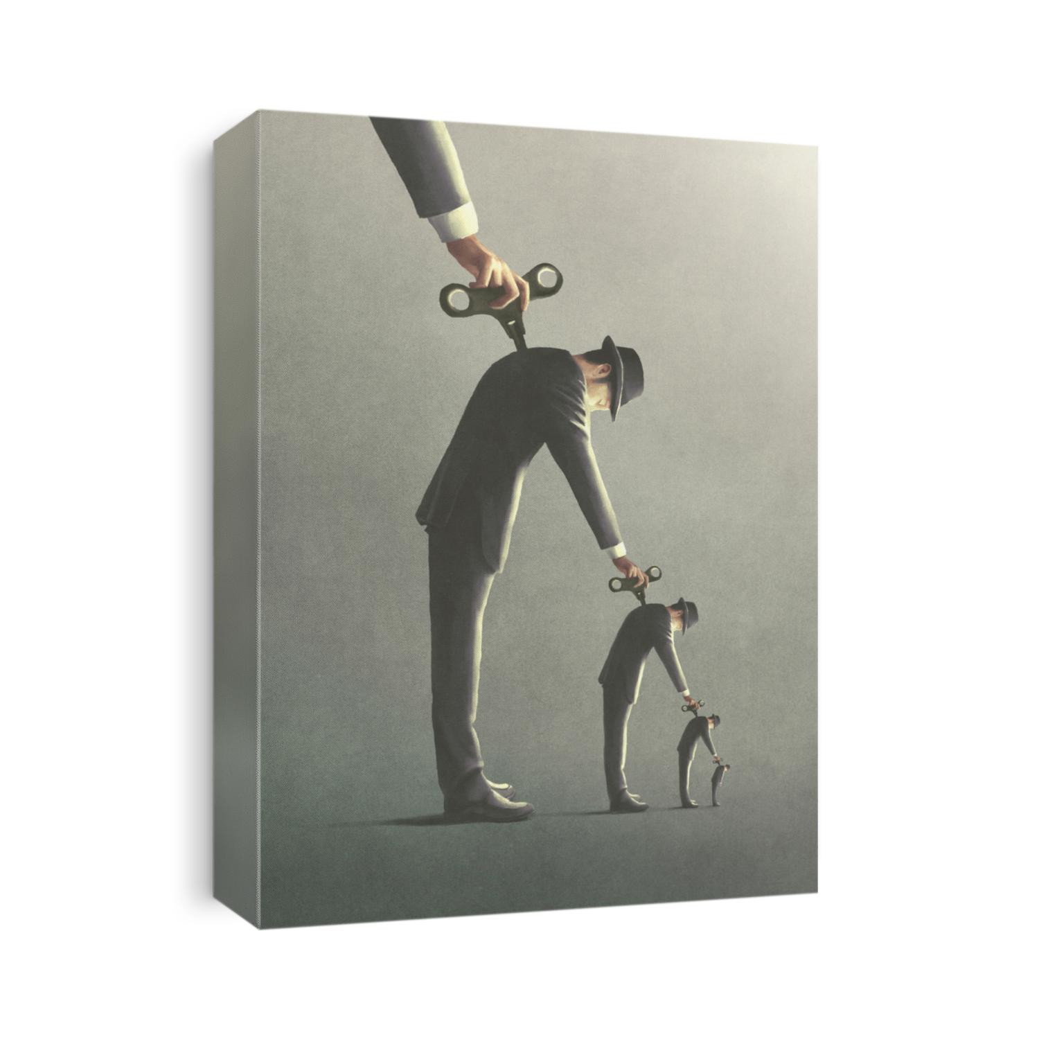illustration of windup key men manipulation, abstract surreal concept