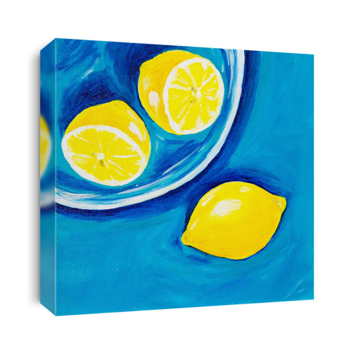 Original acrylic painting of lemons in blue plate on canvas.Modern Impressionism, modernism,marinism