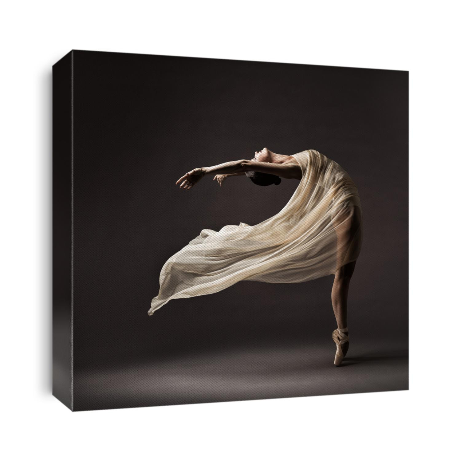 Ballerina Dancing with Silk Fabric, Modern Ballet Dancer in Fluttering Waving Cloth, Pointe Shoes, Gray Background