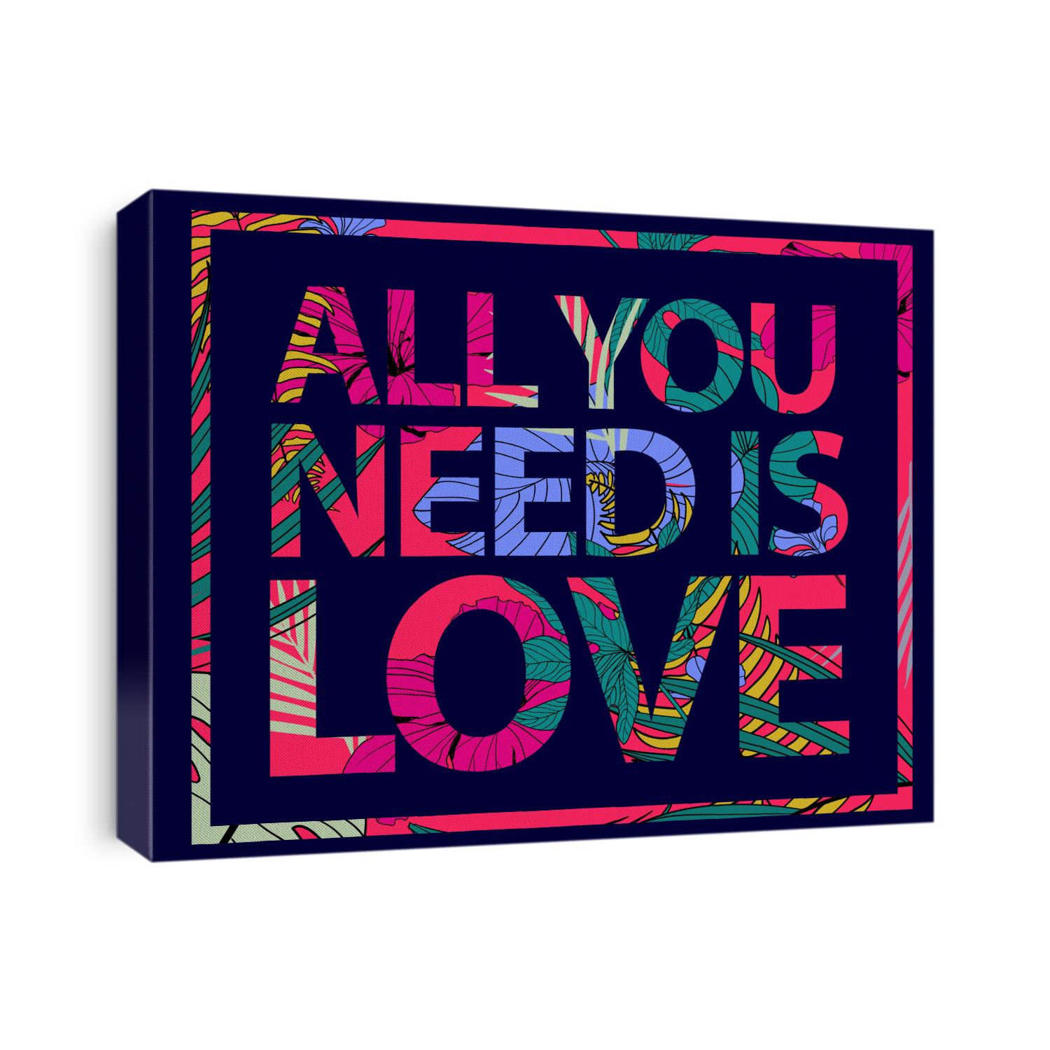 Vector colorful tropical quote in square frame. All you need is love. Valentine card, romantic poster, banner, cover. Tropical print slogan. For t-shirt or other uses