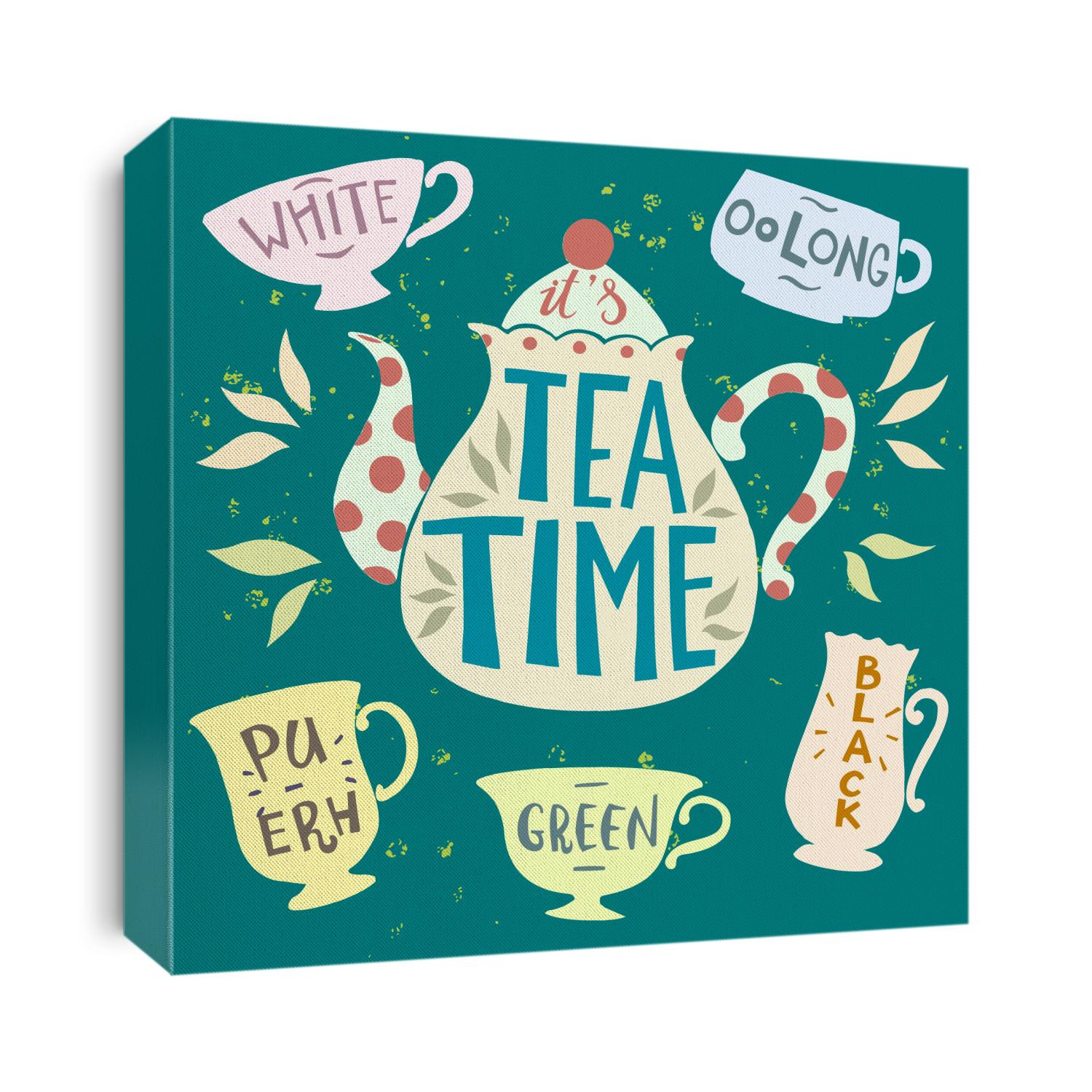 Tea pot silhouette with quote - It's Tea Time. Vector illustration. Typography poster design with unique lettering. Elements for banner, flyer, postcard design for tea party, home decor, invitation.

