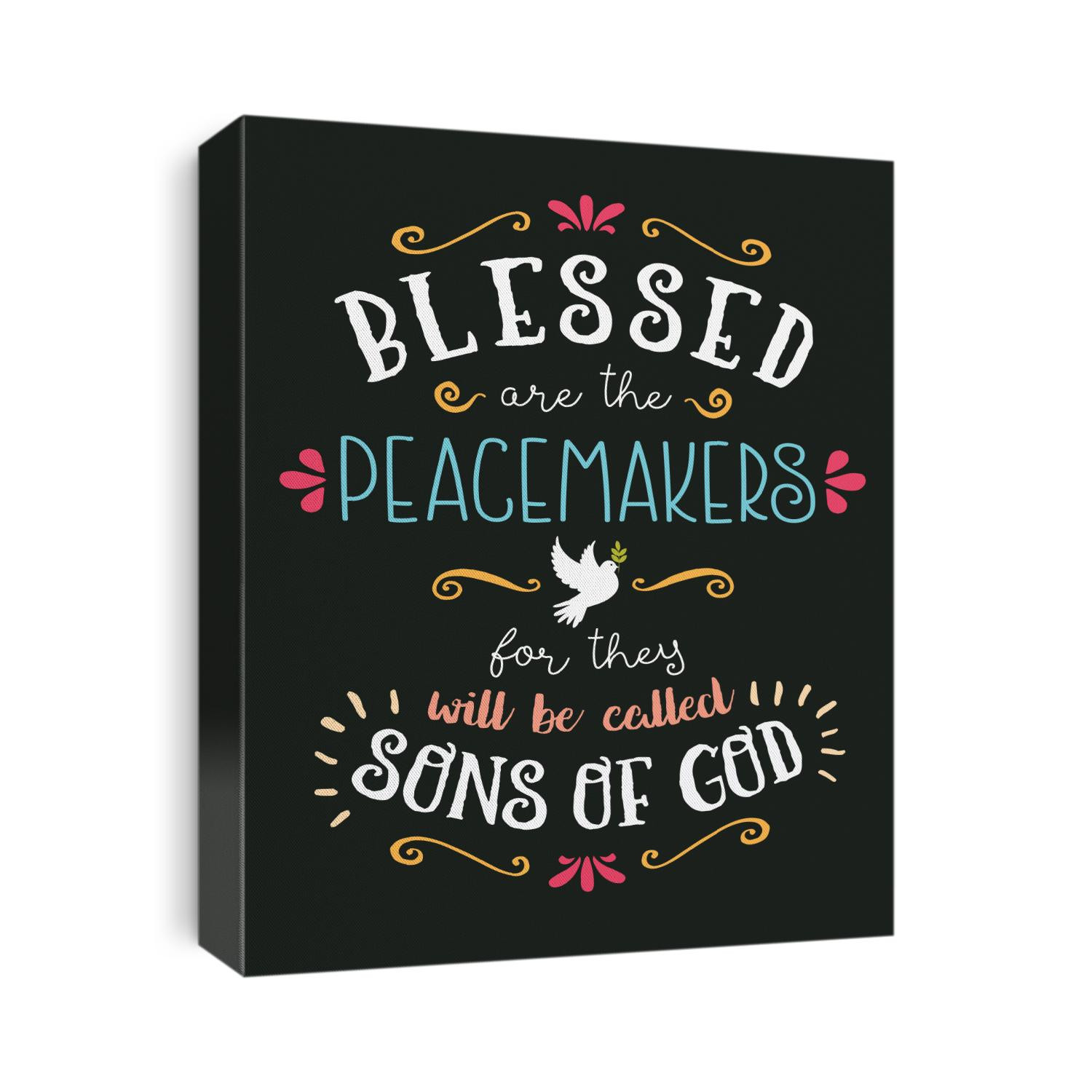 Blessed are the Peacemakers Hand Lettering Typographic Vector Art Poster Beatitudes Design from Gospel of Matthew with Dove, Olive Branch, and design ornaments and accents on black background