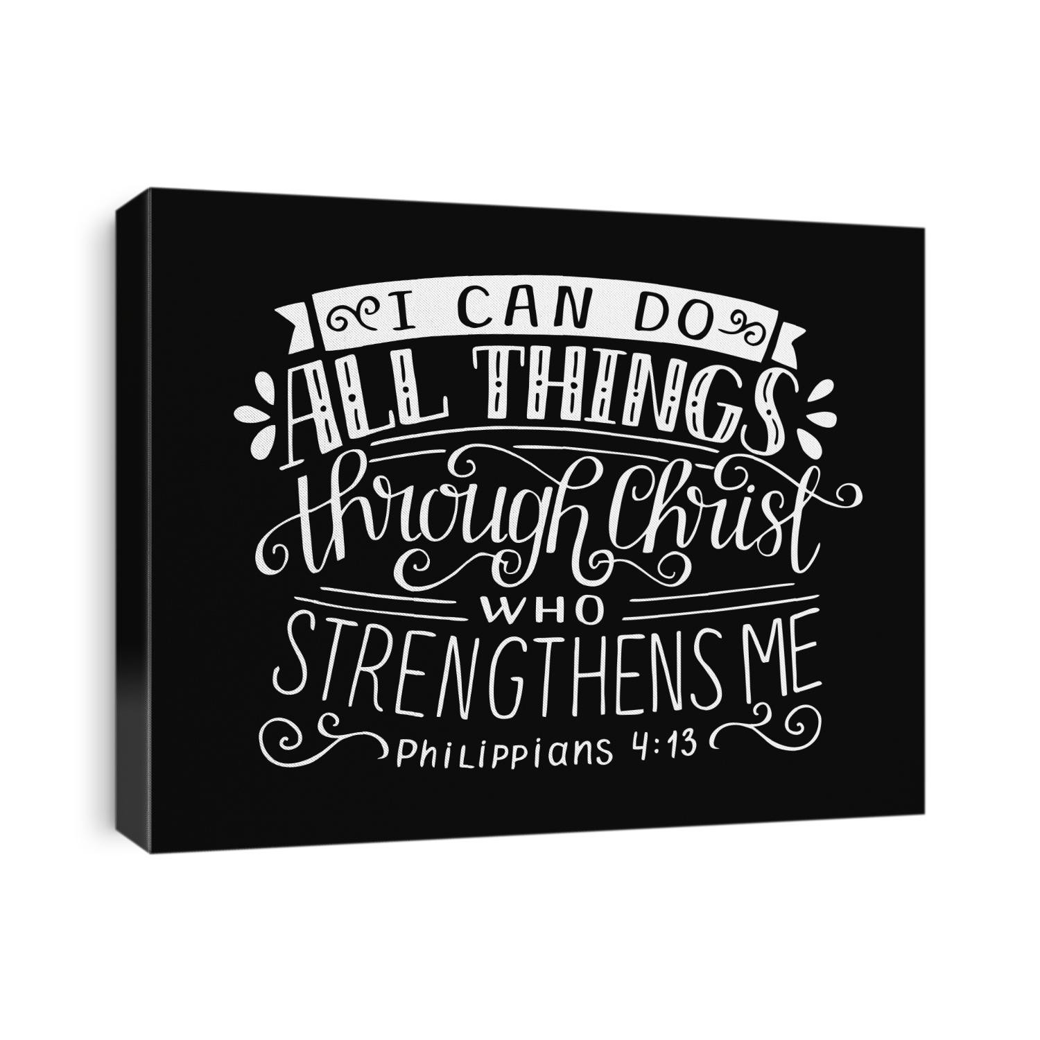 Biblical background with hand lettering I can do all things through Christ, who strengthens me. Christian poster. Bible verse. Scripture print. Motivational quote. Graphic