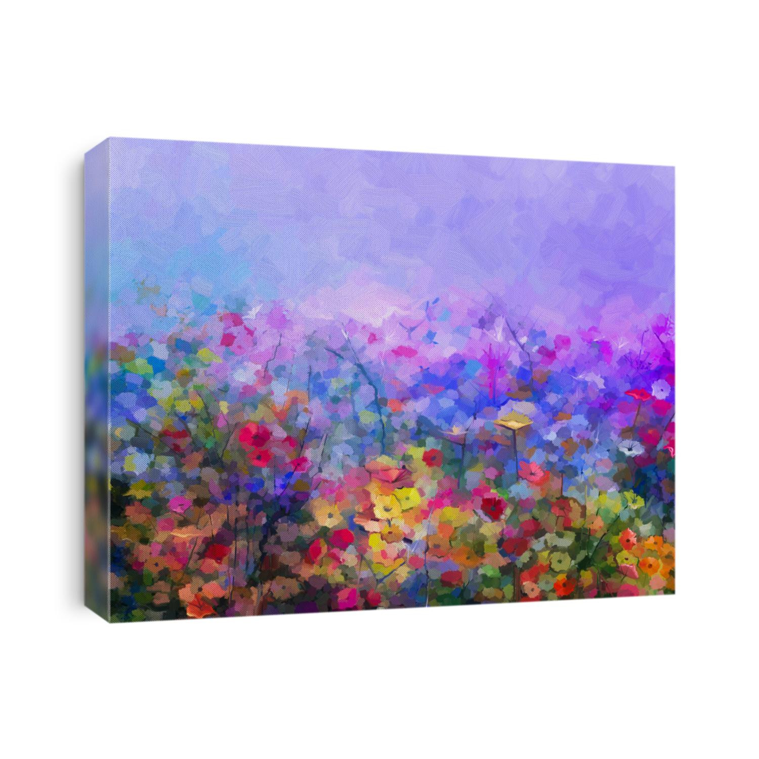 Abstract colorful oil painting purple cosmos flower, daisy, wildflower in field. Yellow and red wildflowers at meadow with blue sky. Spring, summer season nature background. 