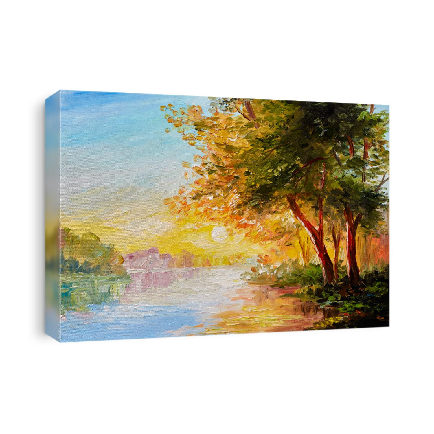 Oil painting landscape, river in the spring forest with sunset, afternoon