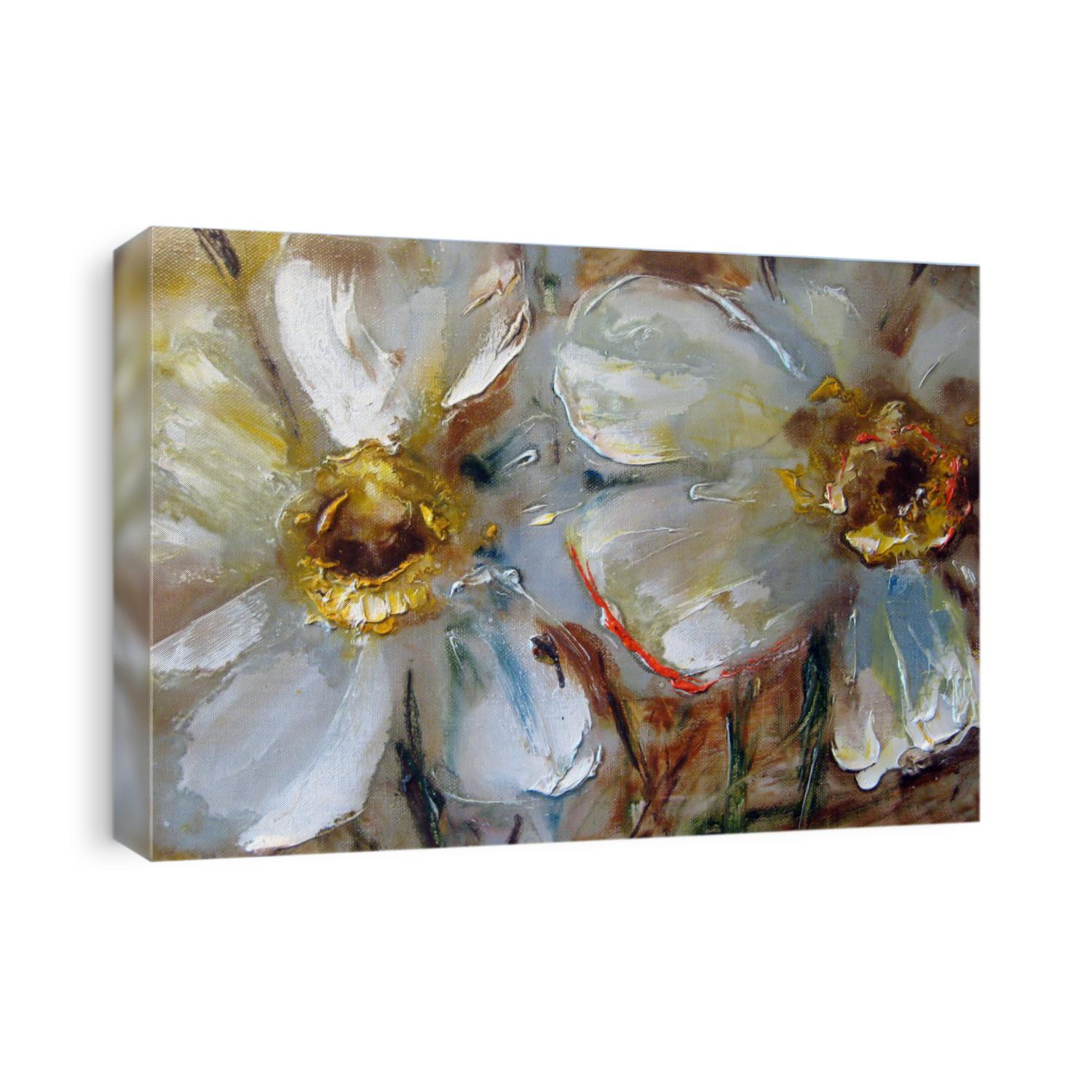 Daffodils, pale yellow delicate flowers, oil on canvas, painting, pictorial art