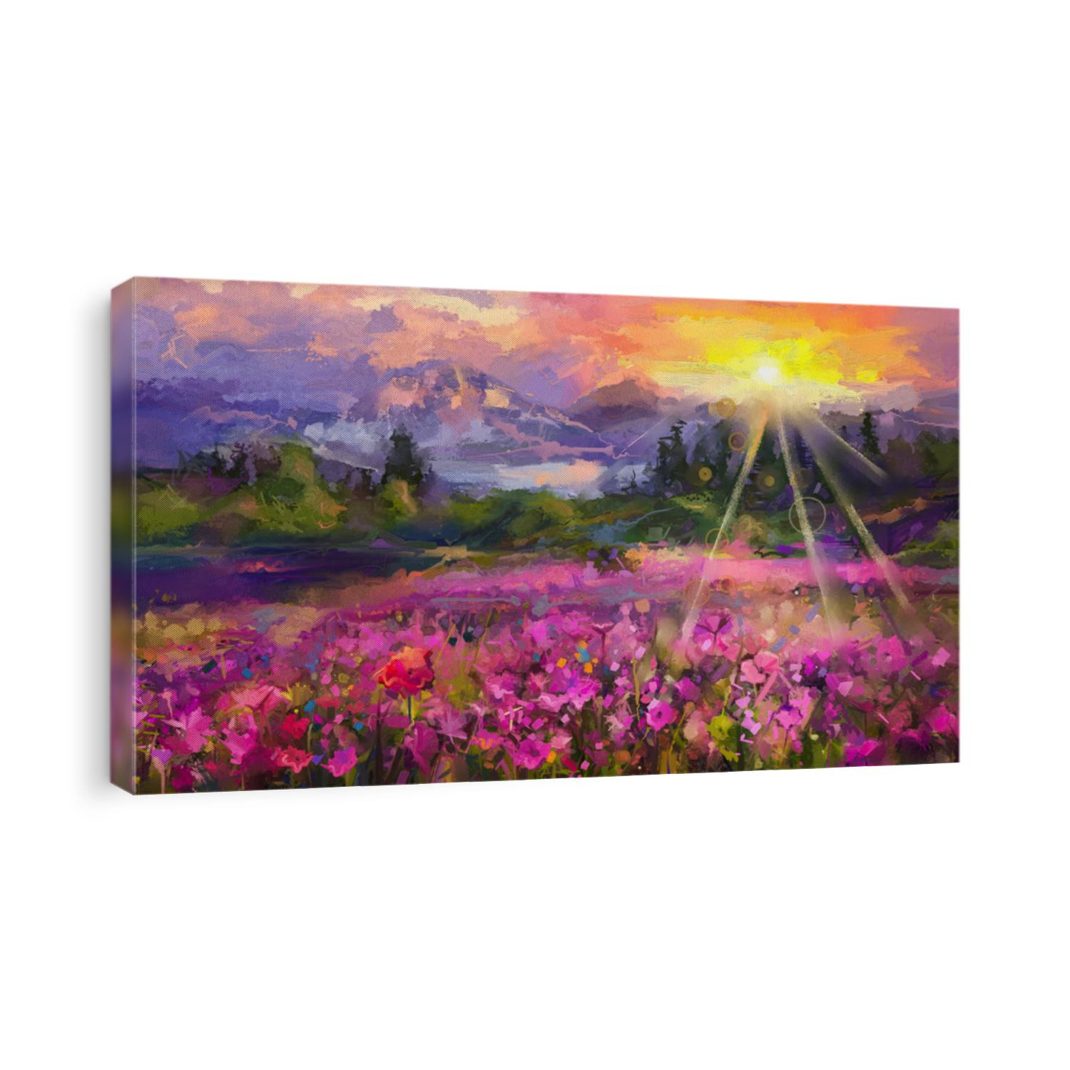 Abstract colorful oil painting purple cosmos flower, rhododendron flowers, wildflower in field. Violet, red wildflowers at meadow with sunrise and blue sky. Spring, summer season nature background