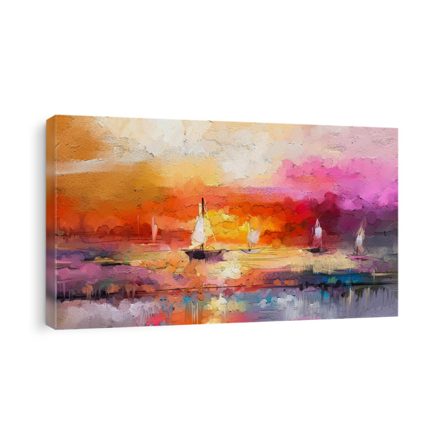 Colorful oil painting on canvas texture. Impressionism image of seascape paintings with sunlight background. Modern art oil paintings with boat, sail on sea. Abstract contemporary art for background