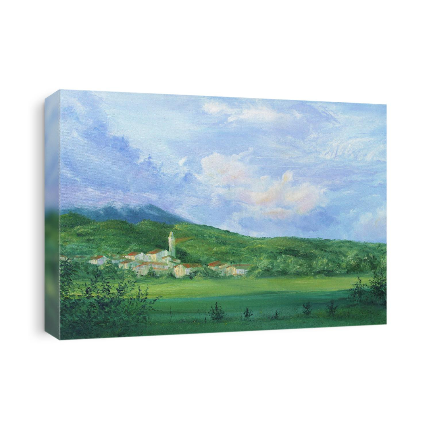 Original oil painting on canvas View of of alpine village with roman church in Slovenia Vipava valley The Ulian Alps Close up painted illustration with sunny summer landscape for print or design
