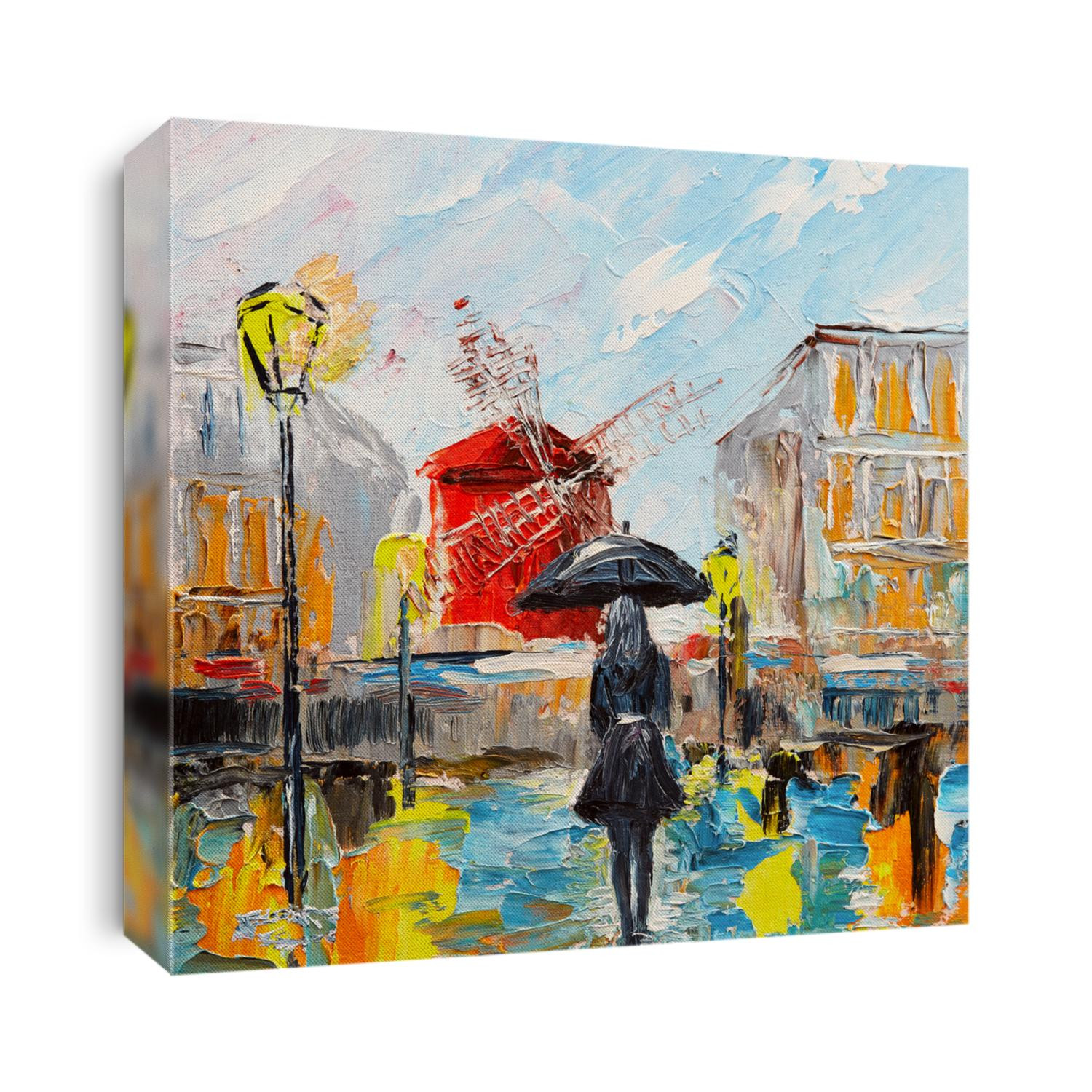 oil painting, woman with an umbrella, walk in Paris, artwork on canvas