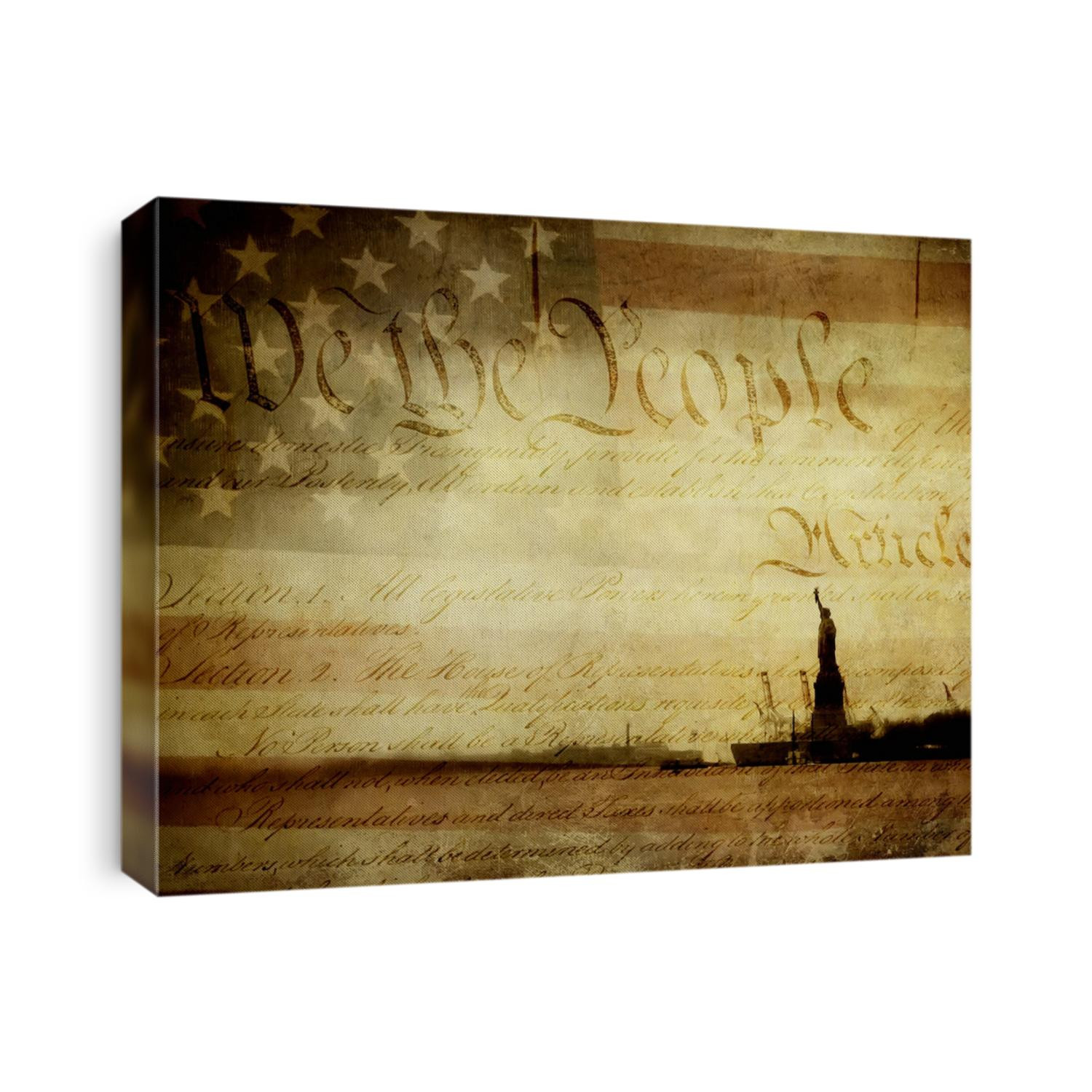Original photographs of the Statue of Liberty and an old American flag layered with an image of the U.S. Constitution and textured with layers of worn paint.