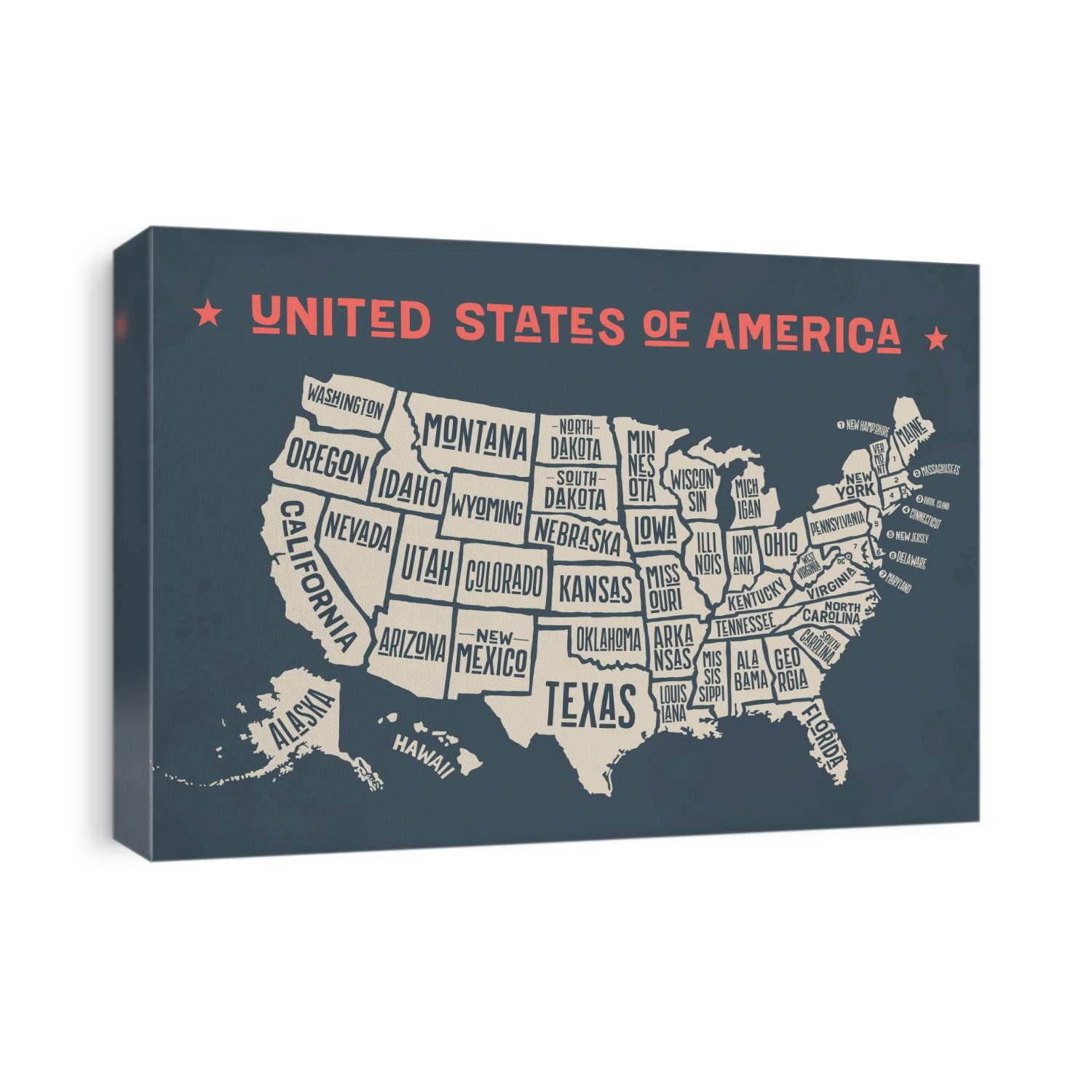 Poster map of United States of America with state names. Black and white print map of USA for t-shirt, poster or geographic themes. Hand-drawn black map with states. Vector Illustration